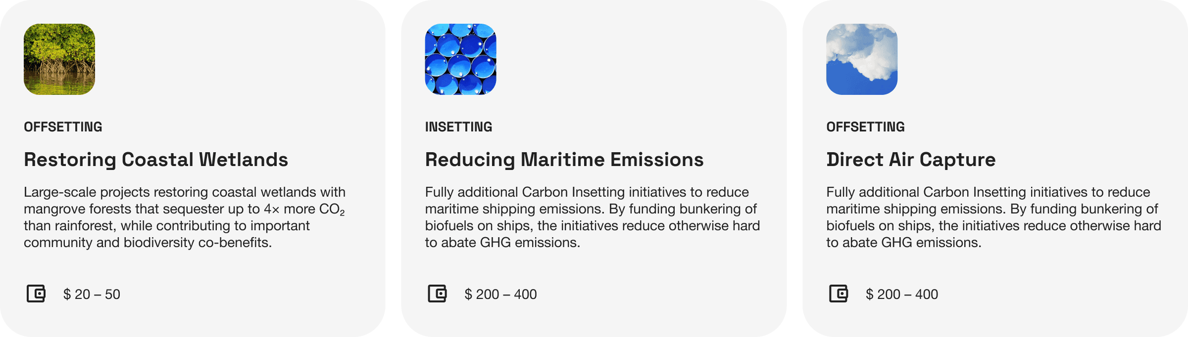 Do carbon insets cost the same as carbon offsets? Image shows a comparison of the cost of restoring coastal wetlands offset ($20-$50), reducing maritime emissions inset ($200 - $400), and direct air capture ($200 - $400).