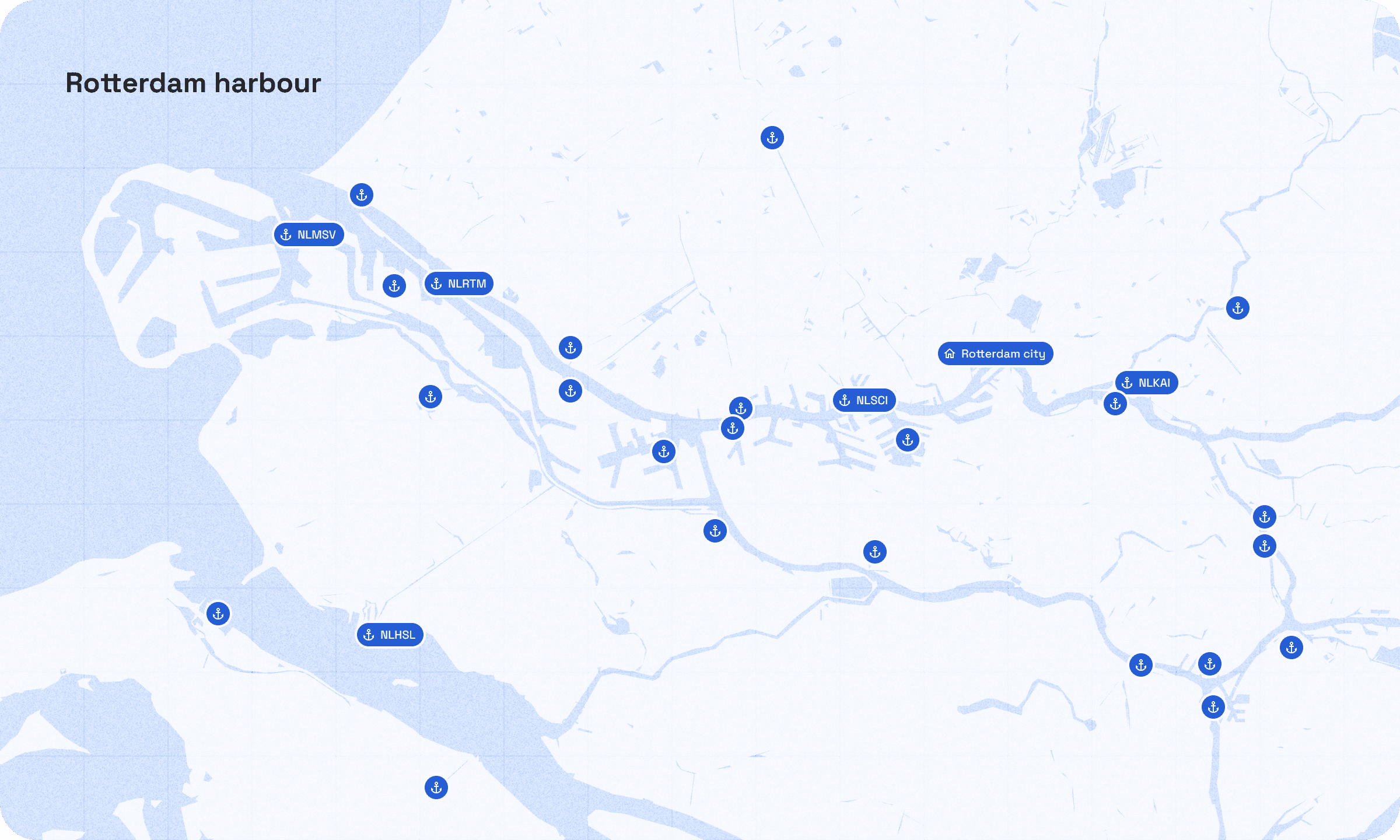 Rotterdam harbour and surrounding area counts more than 20 unique port codes. Lune snaps to the port closest to the provided coordinates.