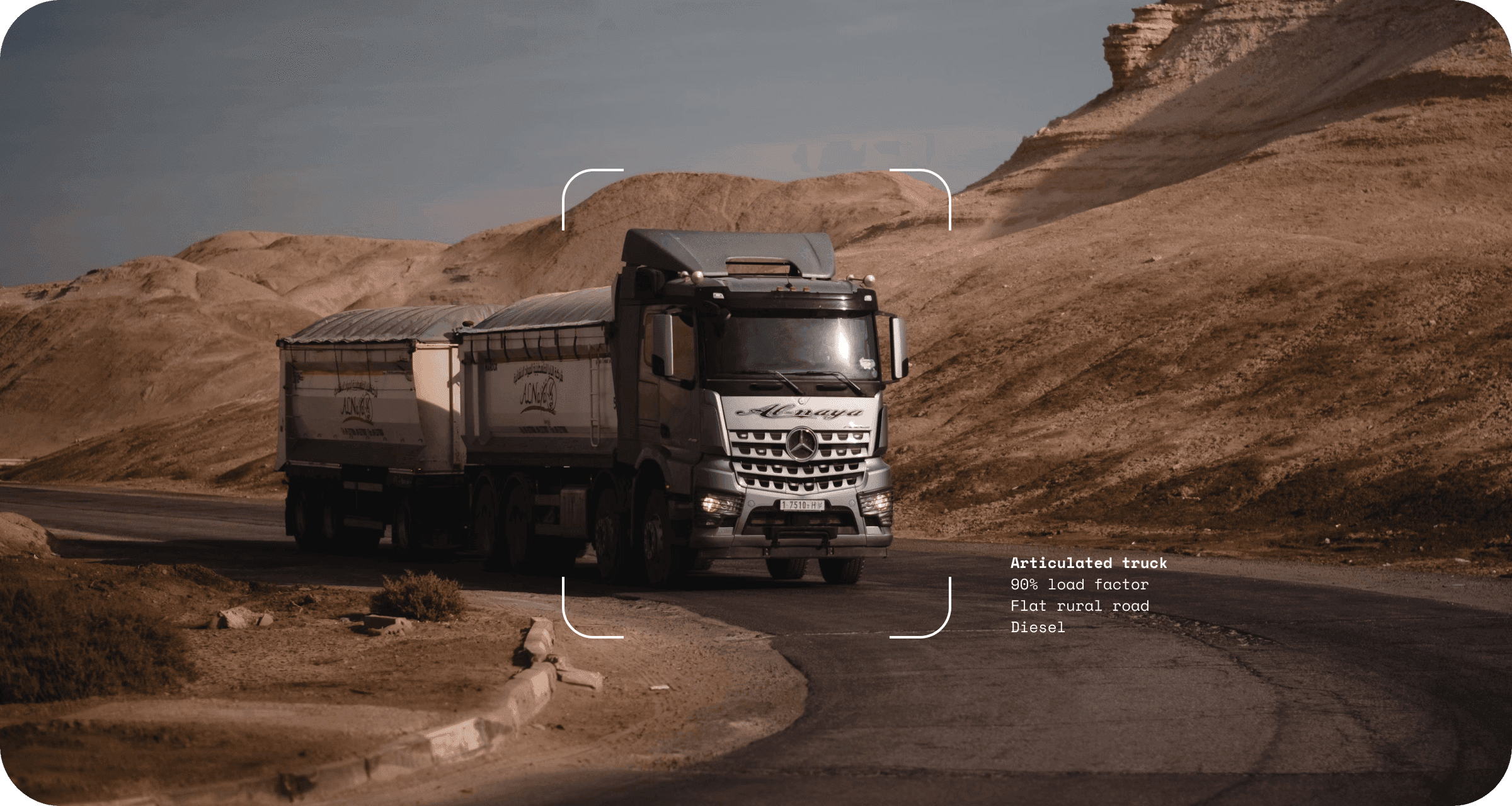 Truck coming around the mountain that has been identified as an articulated truck, with 90% load factor, on a flat rural road, using diesel | New in Lune: Track and accelerate decarbonisation with fuel-based road freight emission calculations