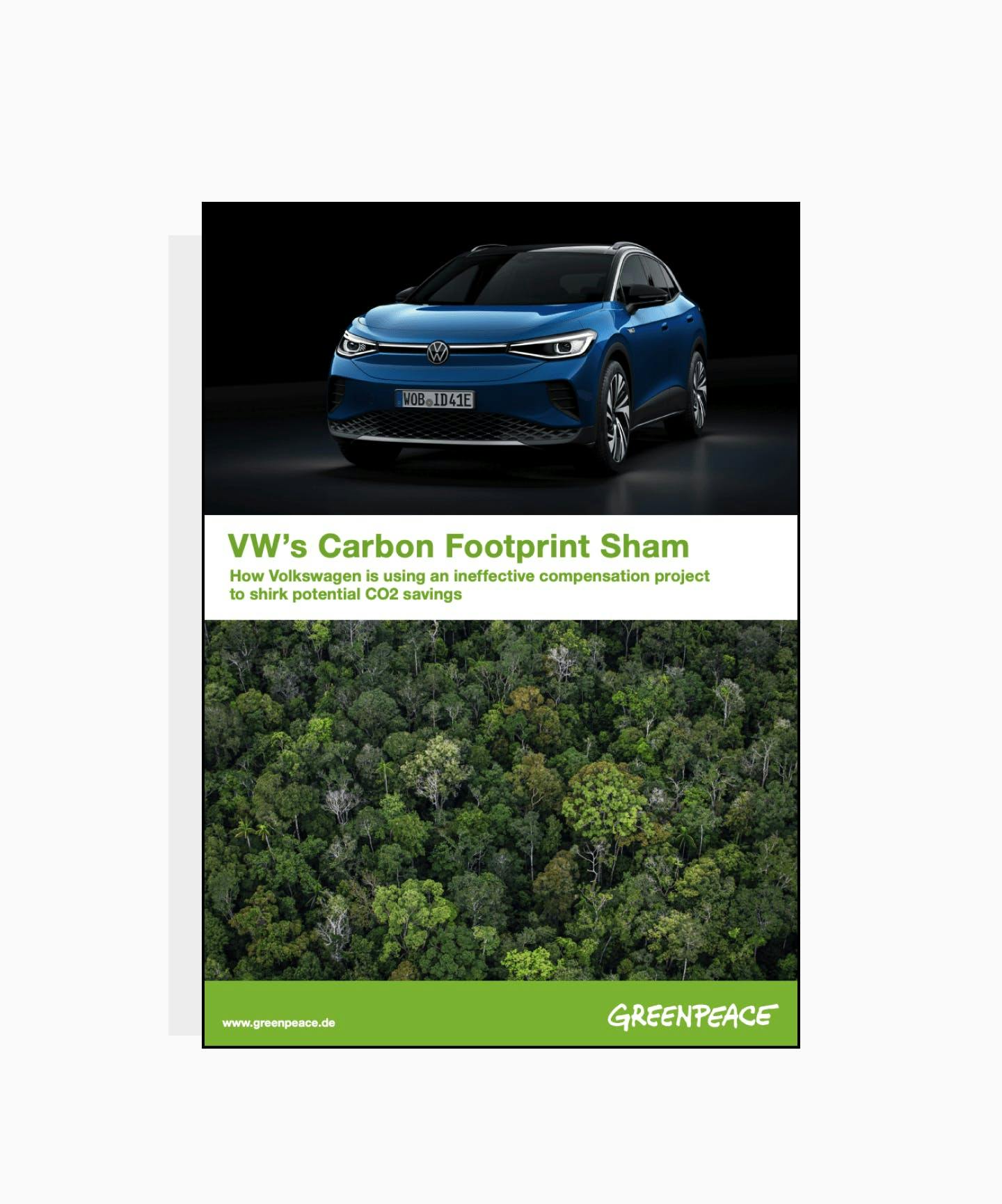 VW's carbon footprint sham – the first page of Greenpeace's report on Volkswagen's carbon offsetting scheme