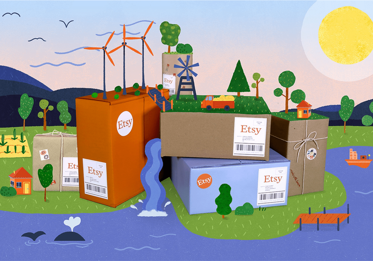 Etsy packages are shown in a sustainable world – surrounded by wind turbines and nature