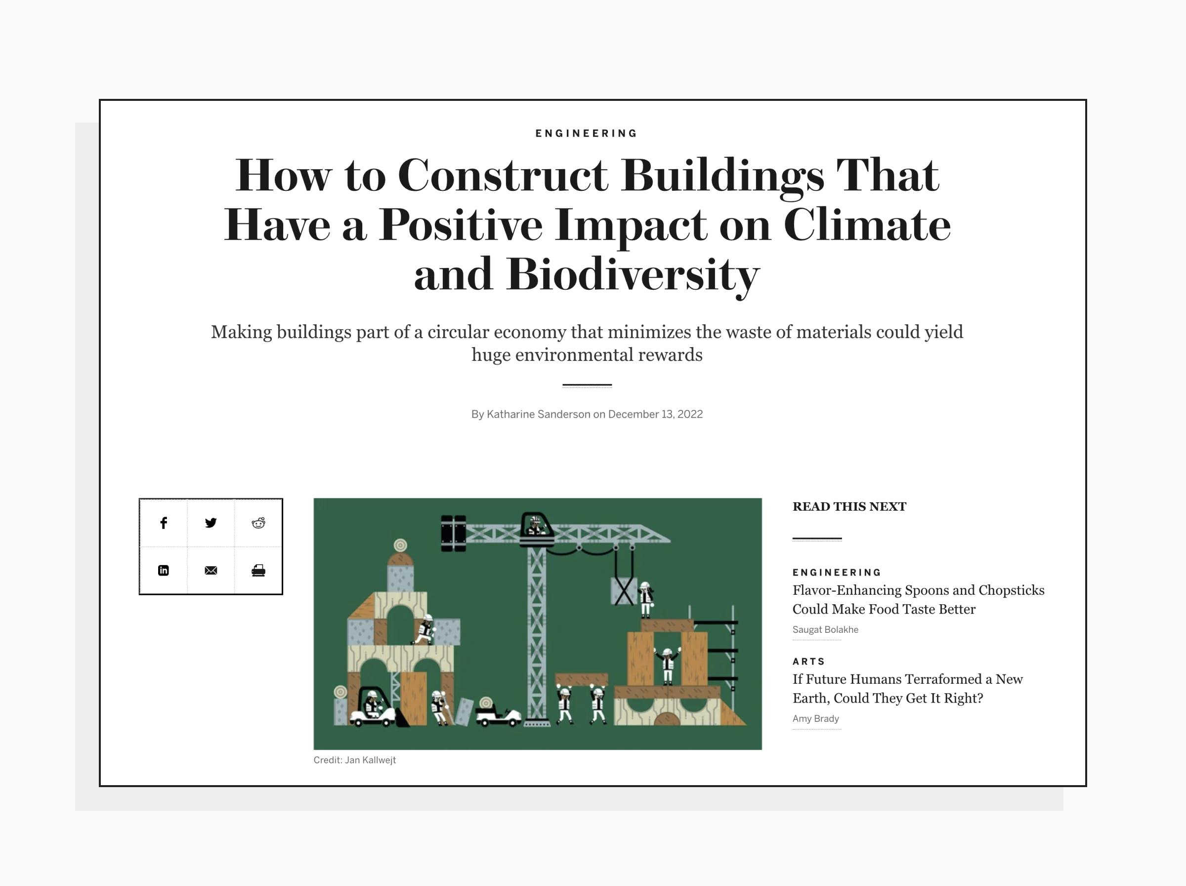 Article header reading: 'How to construct buildings that have a positive impact on climate and biodiversity'