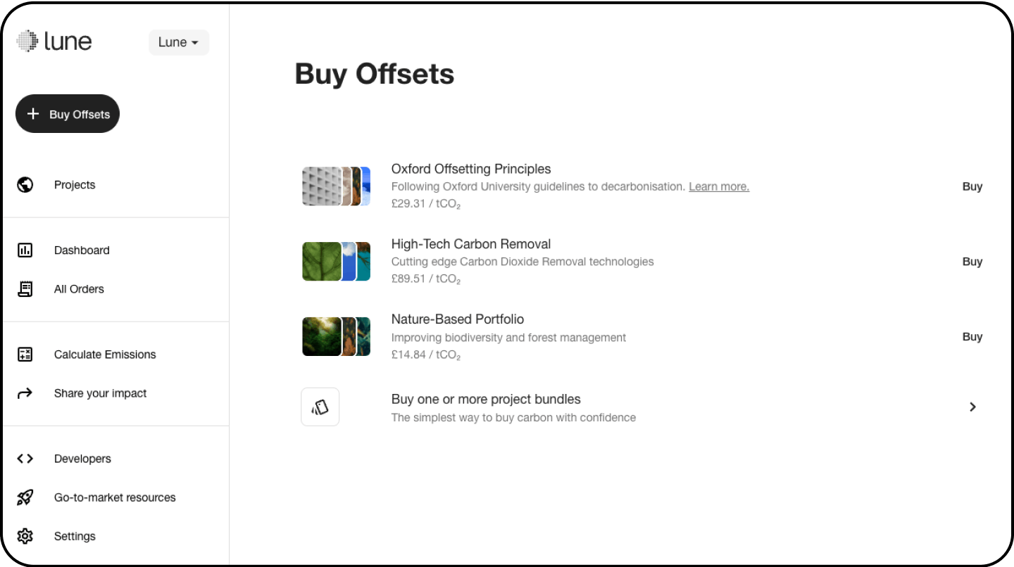 Lune dashboard 'buy offsets' screen showing the Oxford Offsetting Principles pre-created portfolio
