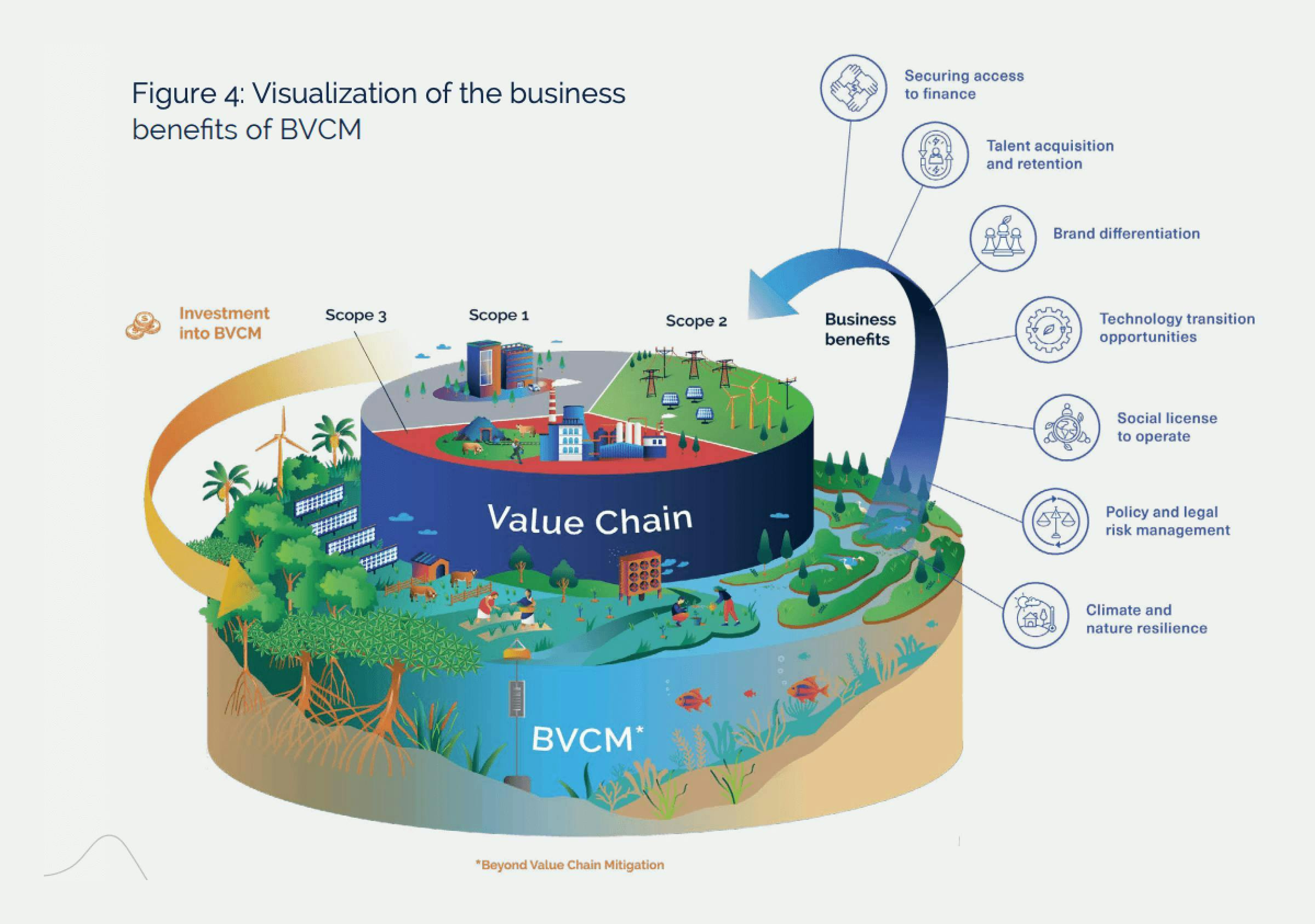 Visualisation of the business benefits to BVCM including securing access to finance and policy and legal risk management.