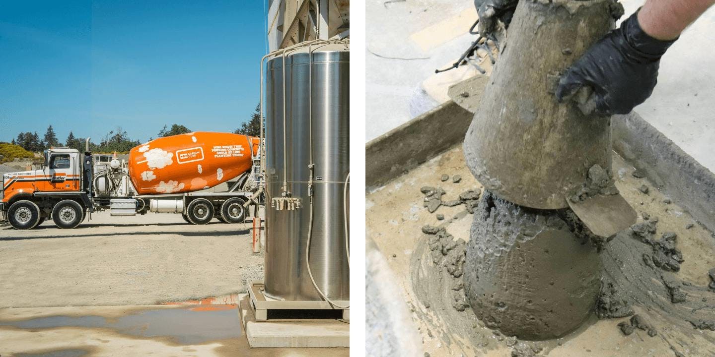 photo of machinery for injecting CO2 into concrete; photo of concrete being poured