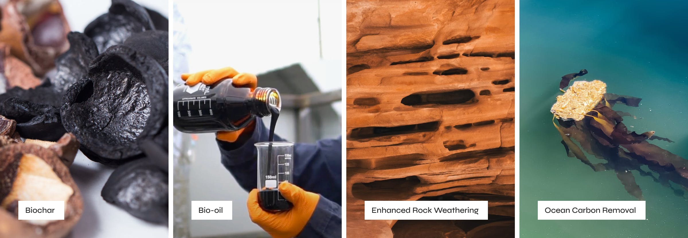 Series of 4 photos showing: biochar, bio-oil, enhanced rock weathering, ocean carbon removal