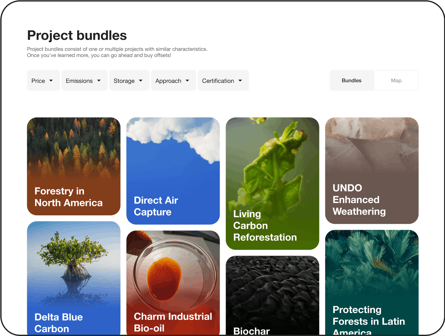 Project bundles shown within the Lune dashboard – forestry, direct air capture, enhanced weathering, biochar