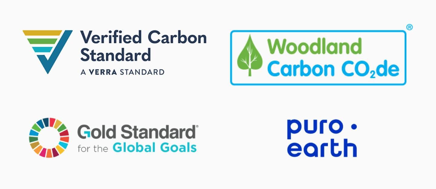 Logos for: verra, woodland carbon code, gold standard, puro.earth