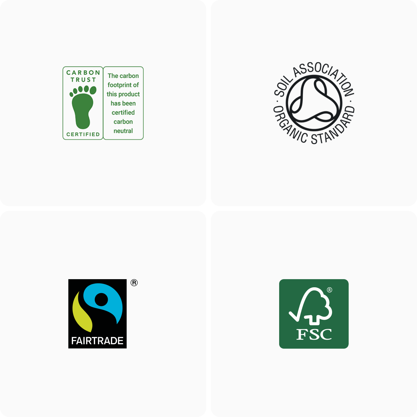 Logos for: carbon neutral, soil association, fairtrade, FSC 
