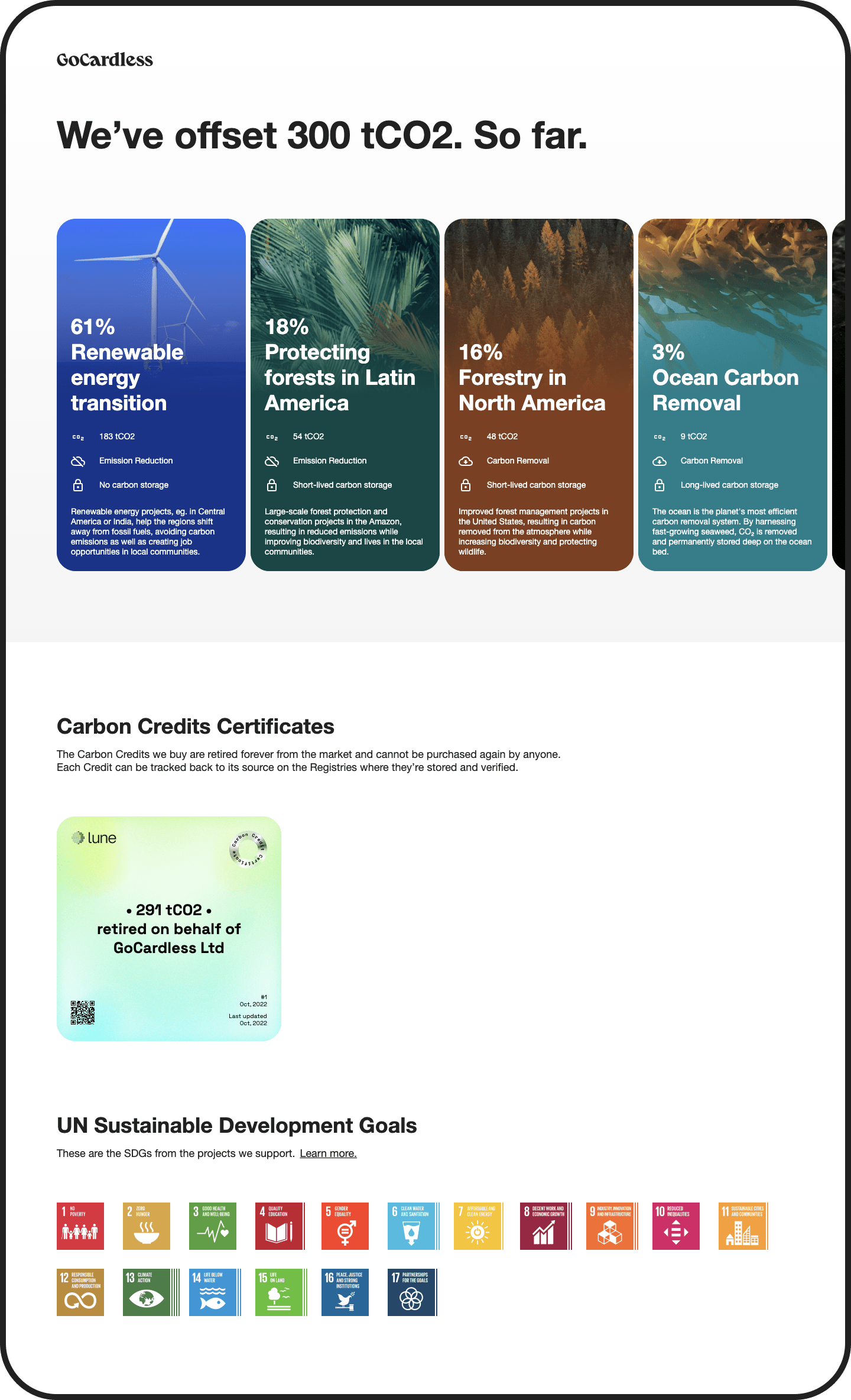A screenshot showing the Lune sustainability page for GoCardless – the carbon offsets they've purchased and the Sustainable Development Goals supported