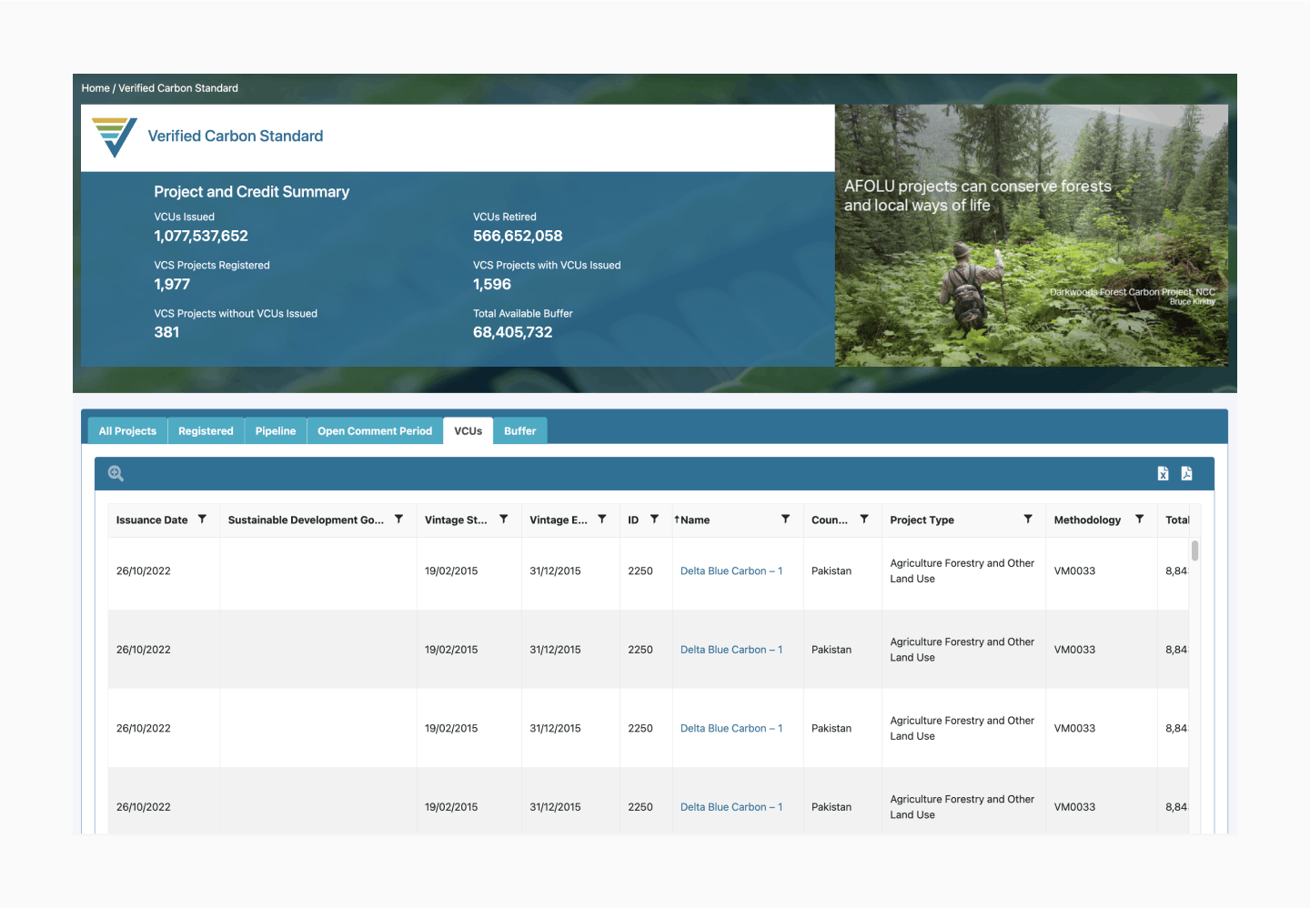 Delta Blue Carbon carbon credits shown within the Verra Registry.